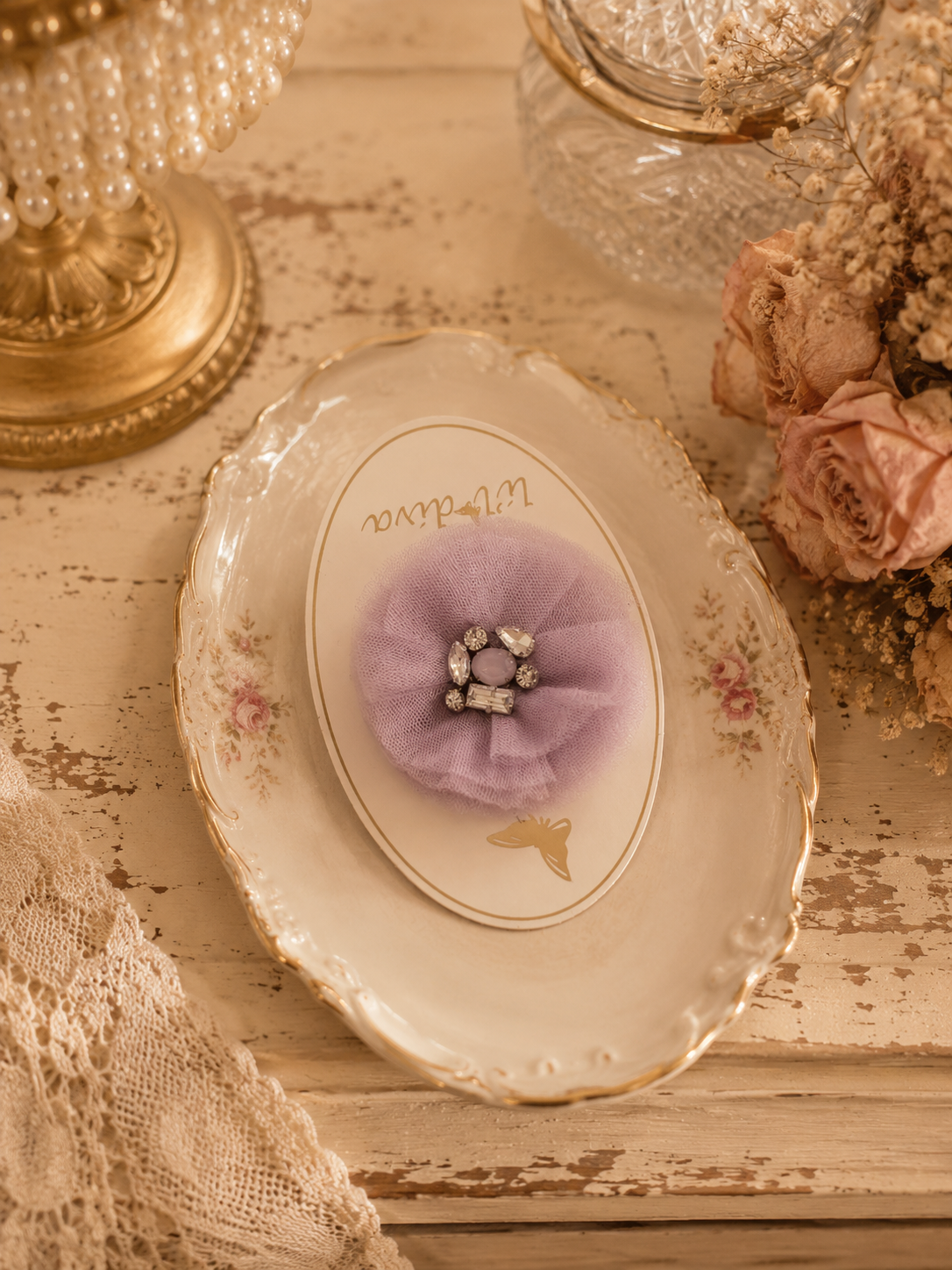 Bloom Clip in lavender — tulle rosette hair clip with crystal and pearl centre for girls