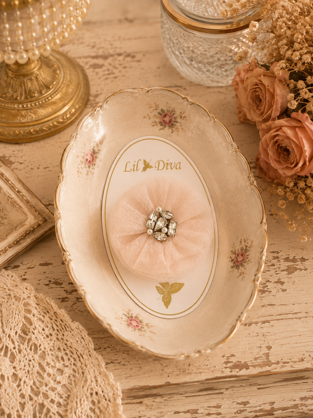 Bloom Clip in nude — tulle rosette hair clip with crystal and pearl centre for girls