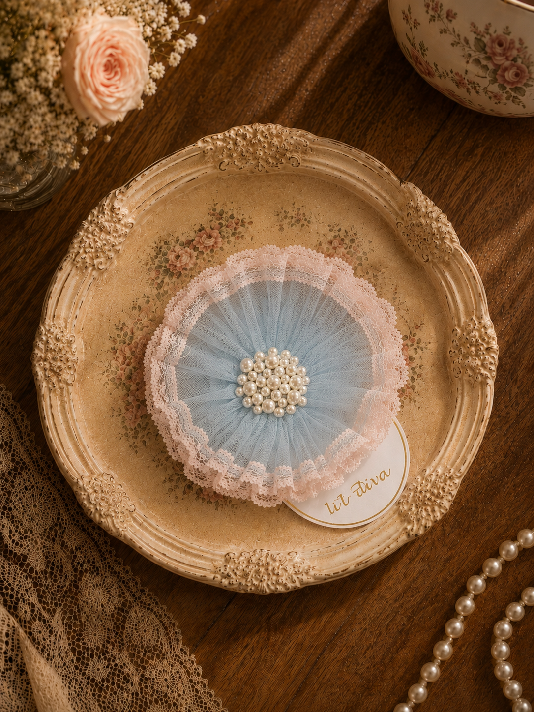 Daisy Flower Clip in deep powder blue — layered tulle flower hair clip with lace edge and pearl centre for girls