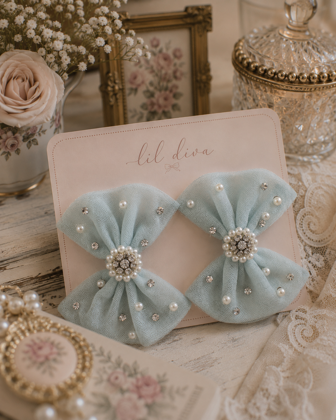 Darling Bows Clip in sea foam — pair of tulle bow hair clips with pearls and crystals for girls