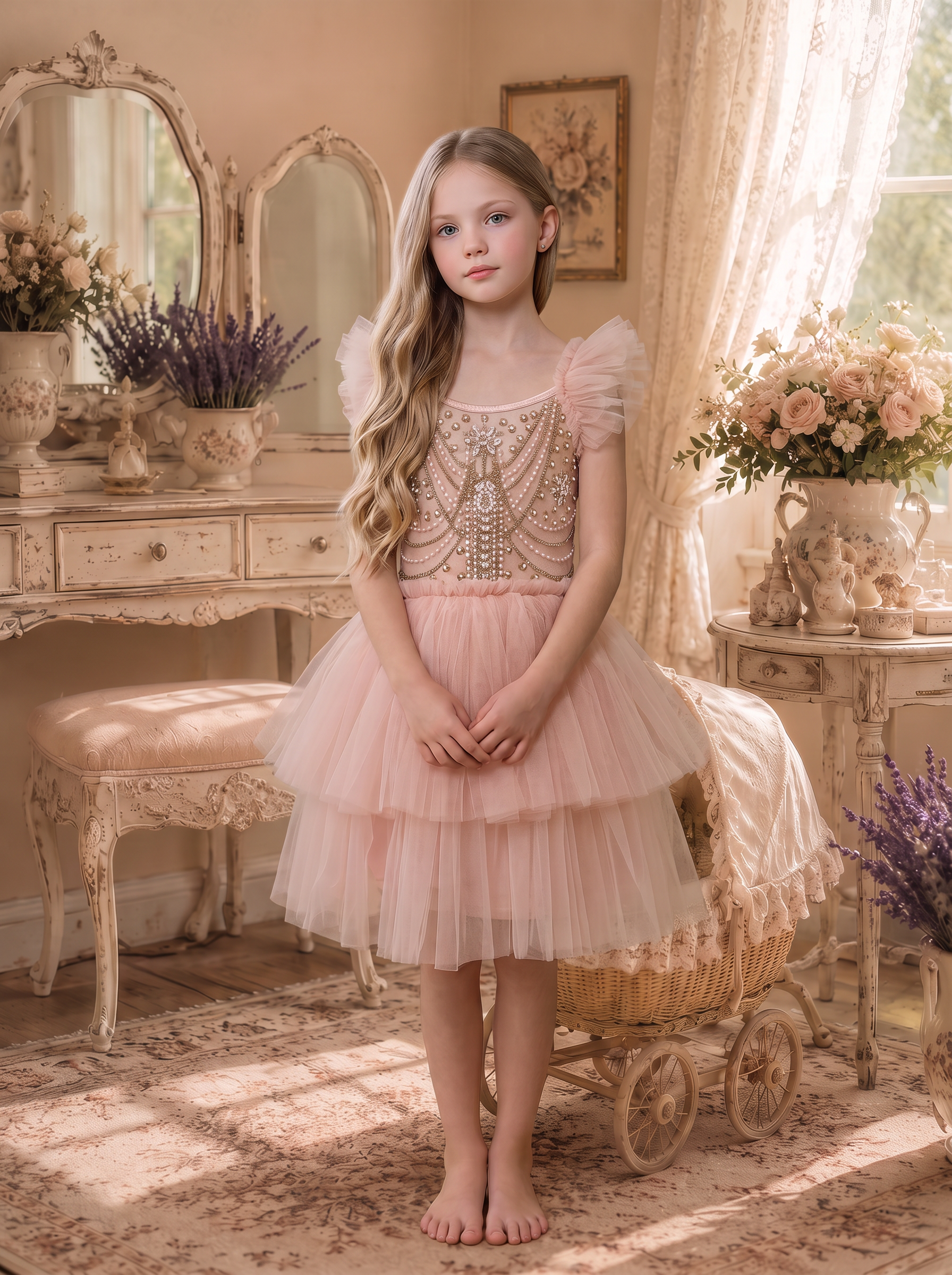 Elodie Dress in pink peony — hand-beaded tulle party dress for girls, front view