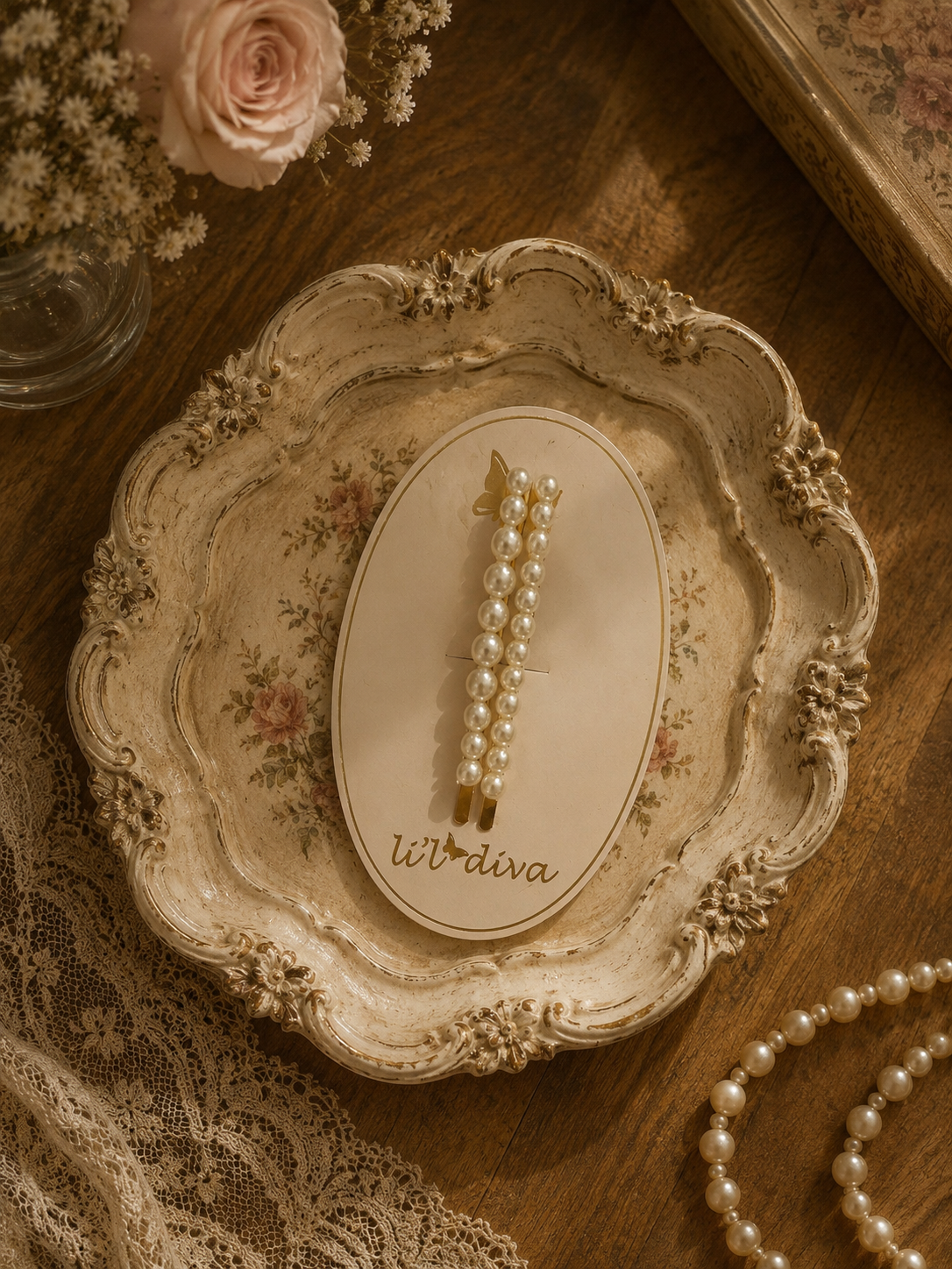 Keepsake Pins in ivory — pair of gold pearl slide hair pins for girls