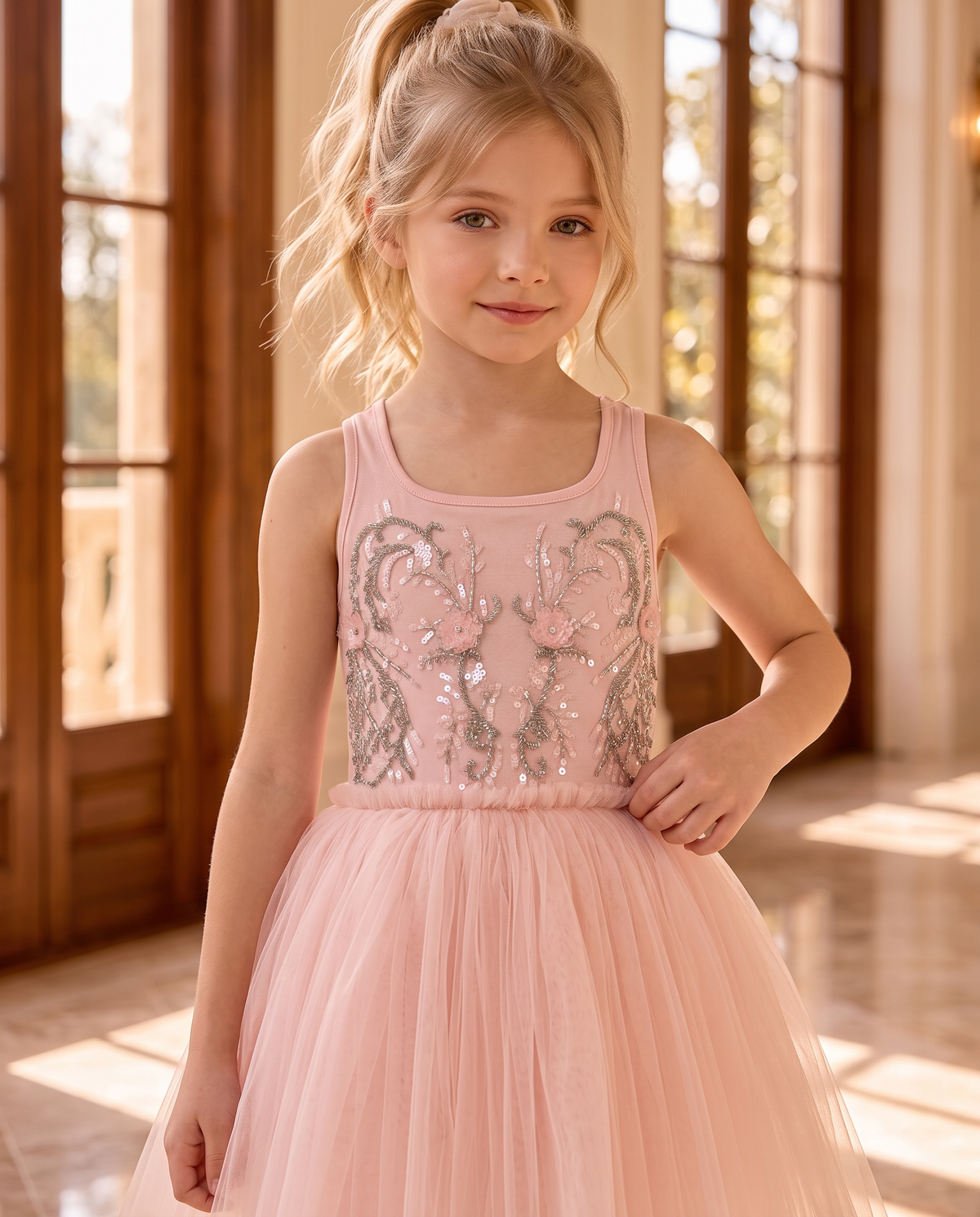 Odette Dress wholesale — close-up of the silver sequin scrollwork and 3D blossom beading