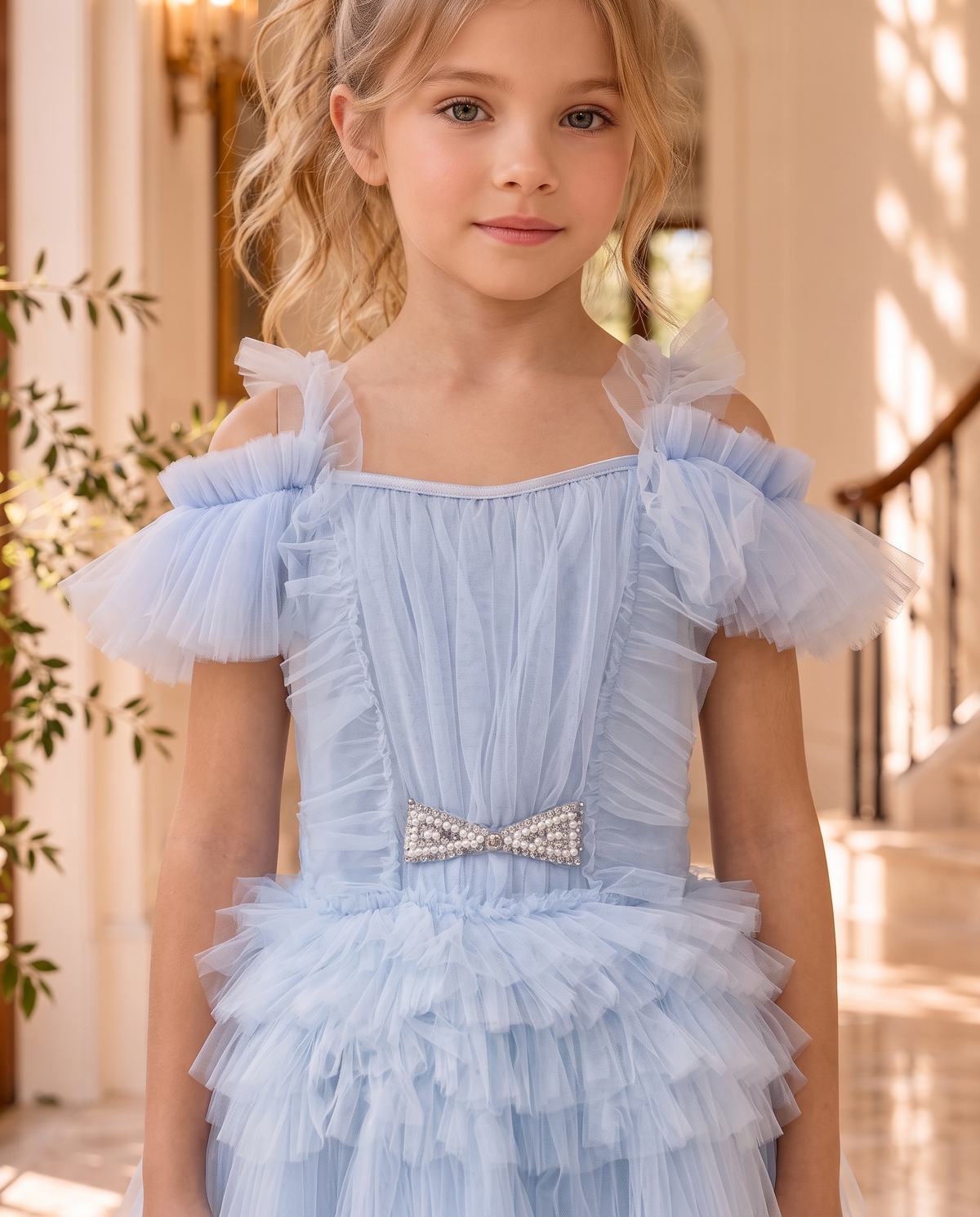 Colette Dress wholesale in bluebell — close-up of the crystal and pearl bow
