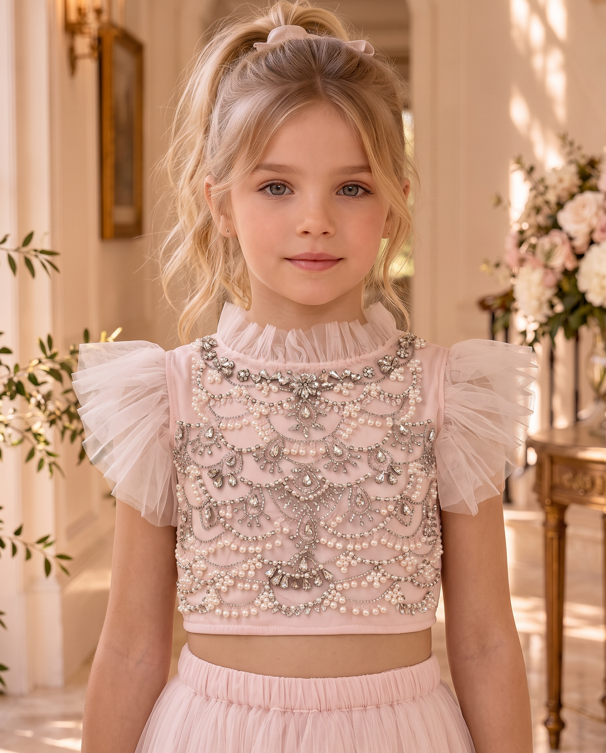 Genevieve Skirt Set wholesale — close-up of the pearl and crystal scalloped beading