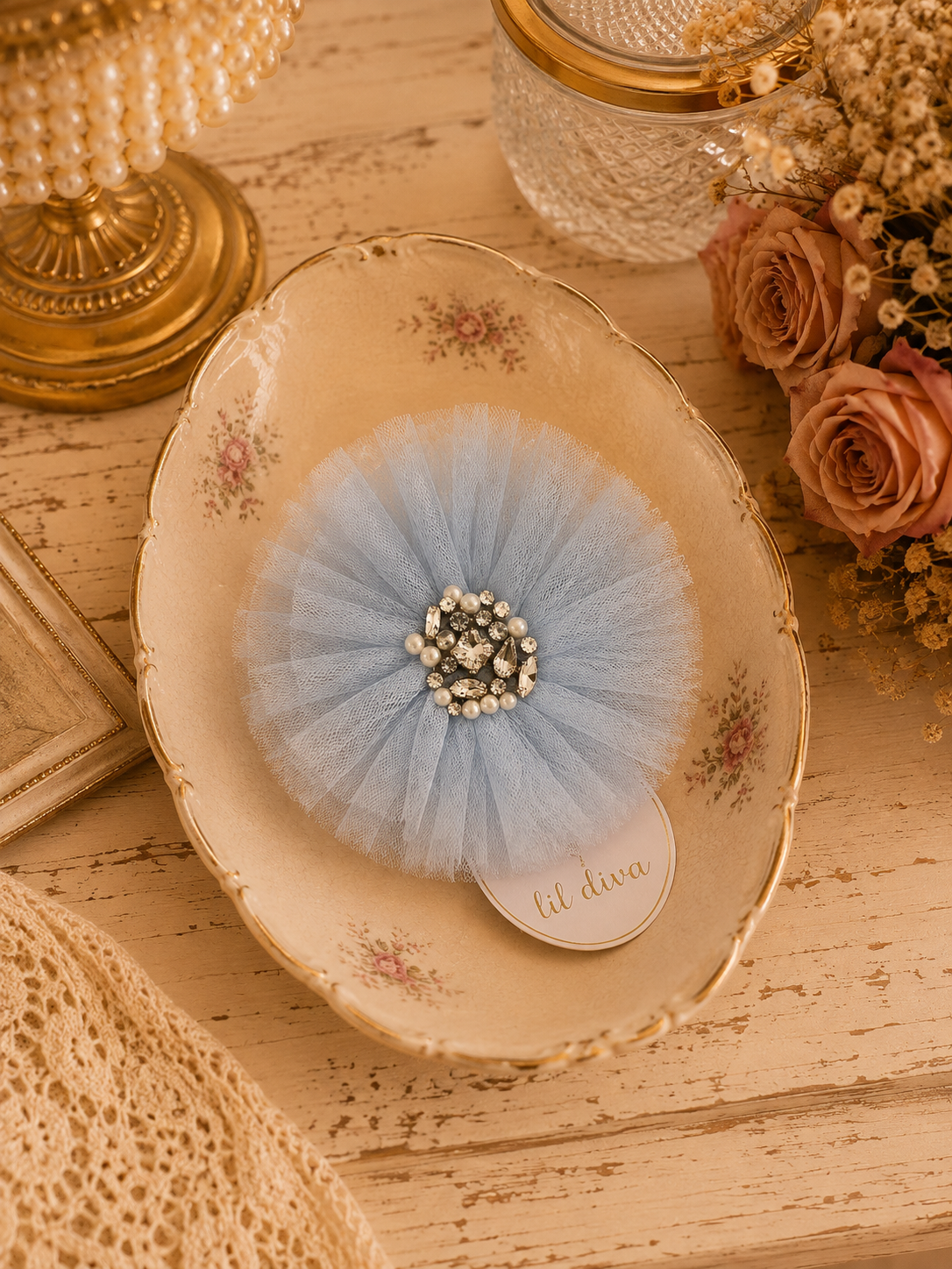 Rosy Flower Clip in powder blue — pleated tulle rosette hair clip with crystal and pearl brooch centre for girls