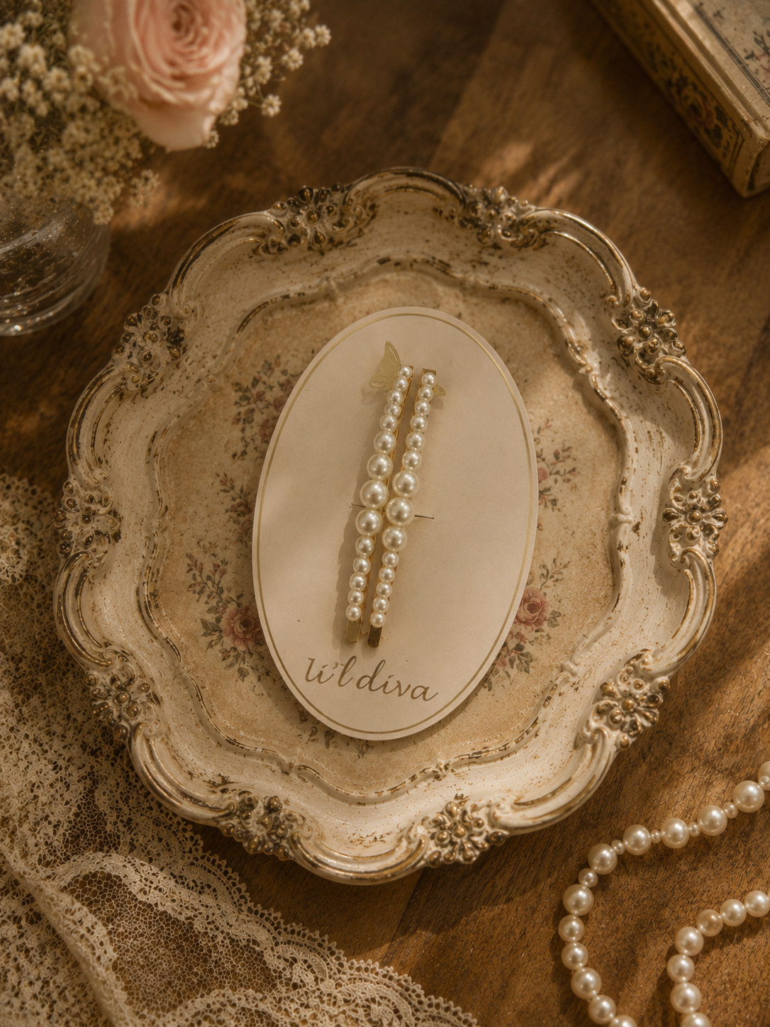 Tresor Clip in ivory — pair of gold pearl slide hair pins for girls