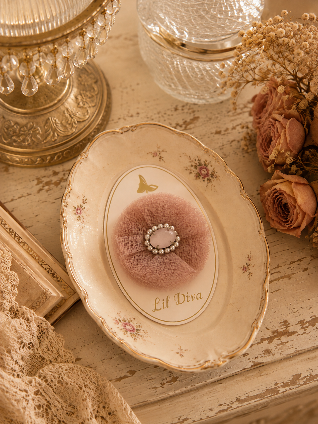Bloom Clip in dusty pink — tulle rosette hair clip with crystal and pearl centre for girls