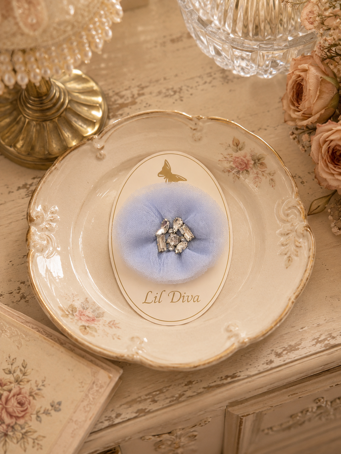 Bloom Clip in powder blue — tulle rosette hair clip with crystal and pearl centre for girls
