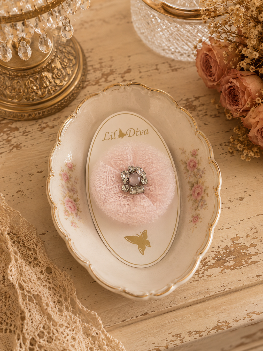 Bloom Clip in powder pink — tulle rosette hair clip with crystal and pearl centre for girls