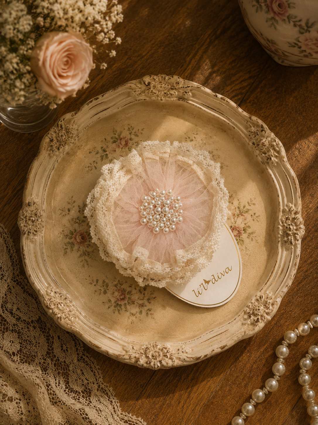 Daisy Flower Clip in powder pink — layered tulle flower hair clip with lace edge and pearl centre for girls