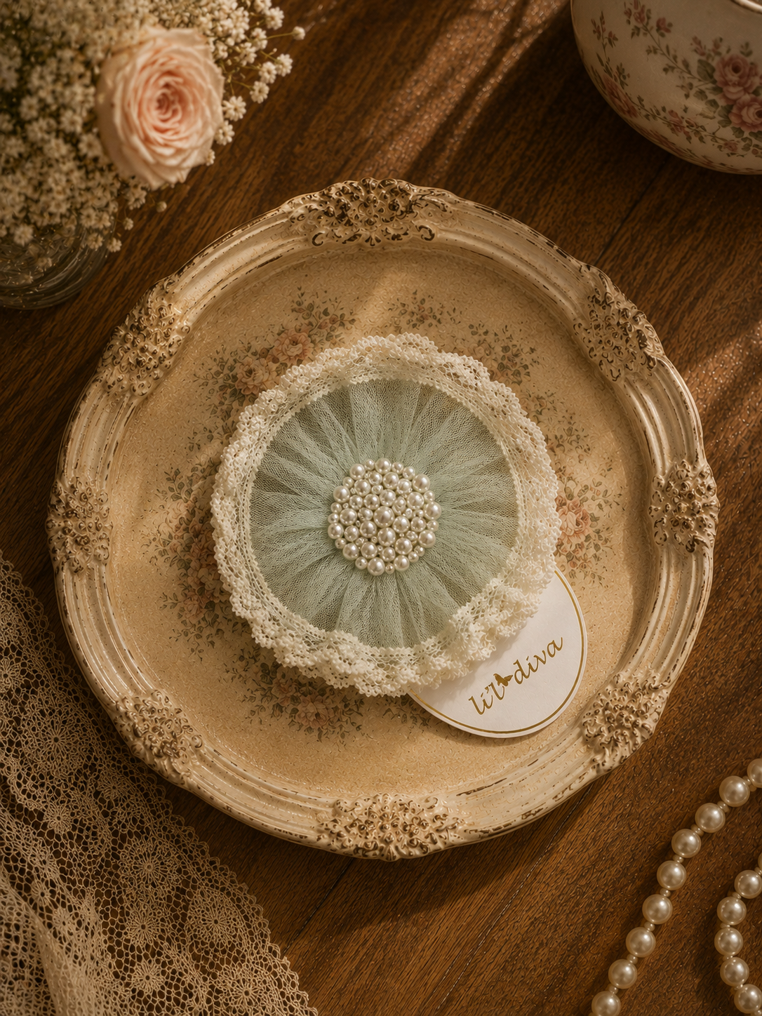 Daisy Flower Clip in sage green — layered tulle flower hair clip with lace edge and pearl centre for girls
