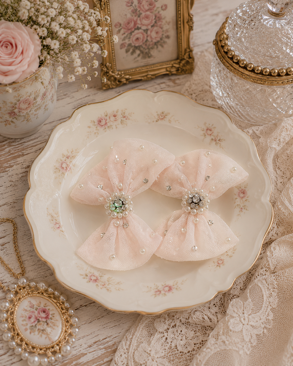 Darling Bows Clip in powder pink — pair of tulle bow hair clips with pearls and crystals for girls