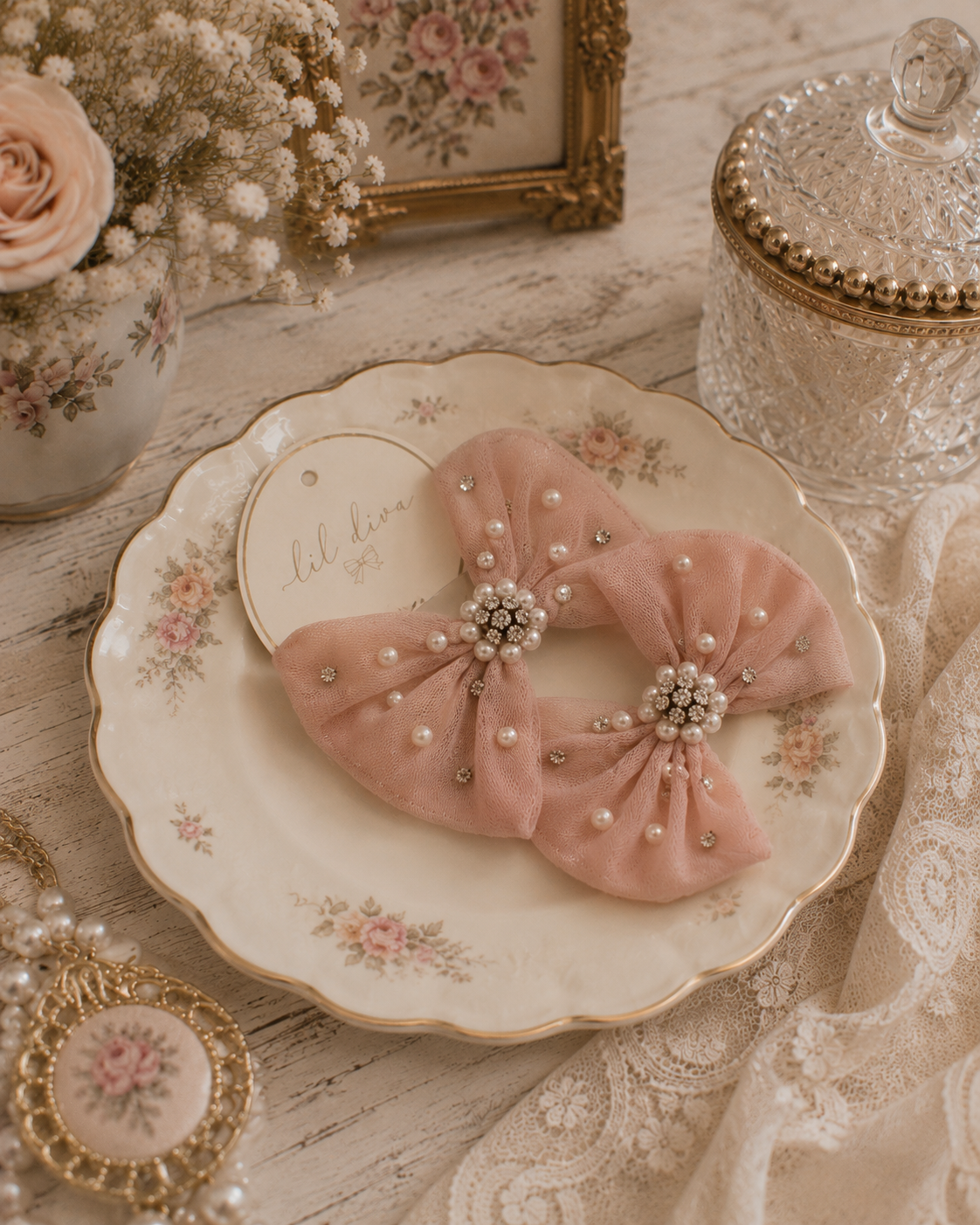 Darling Bows Clip in dusty pink — pair of tulle bow hair clips with pearls and crystals for girls