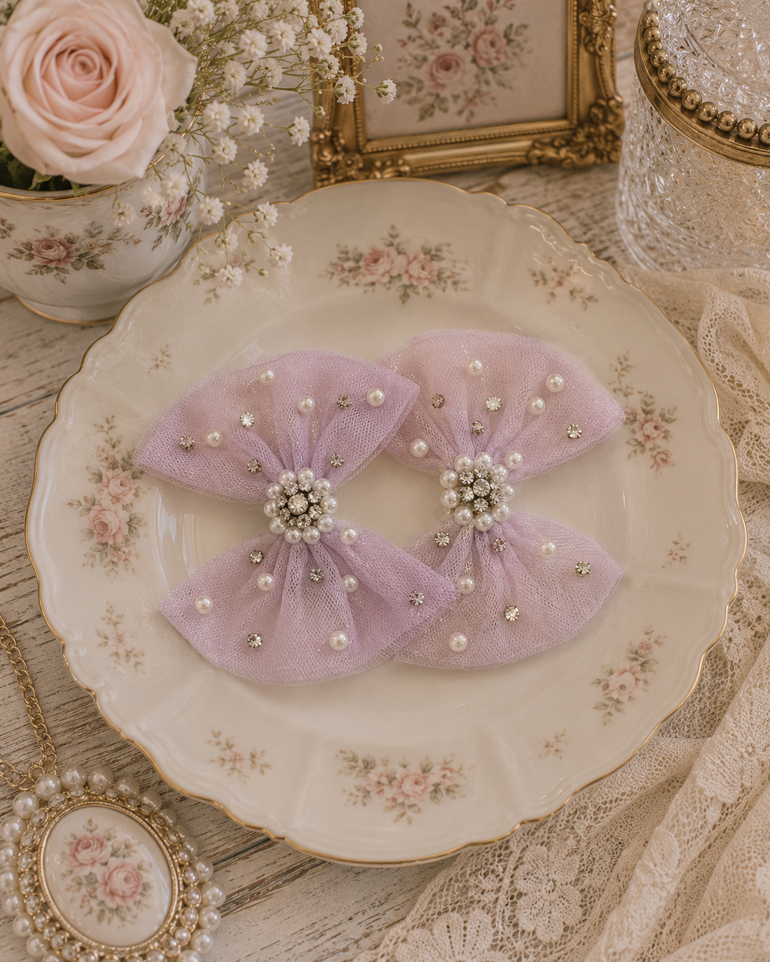 Darling Bows Clip in lavender — pair of tulle bow hair clips with pearls and crystals for girls