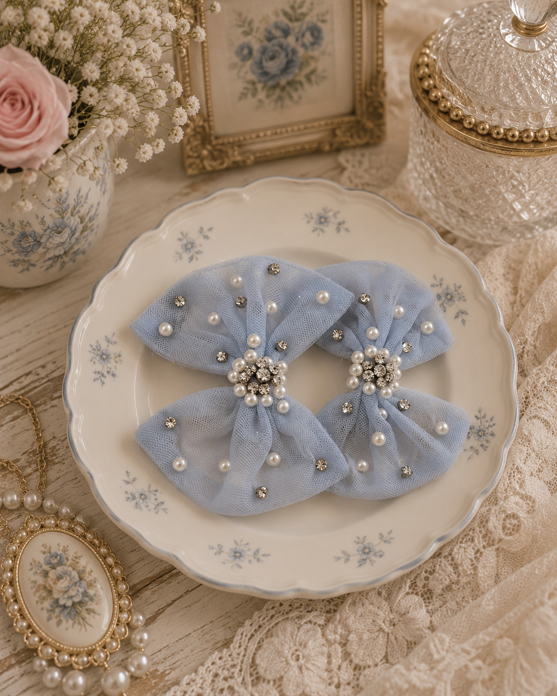 Darling Bows Clip in powder blue — pair of tulle bow hair clips with pearls and crystals for girls