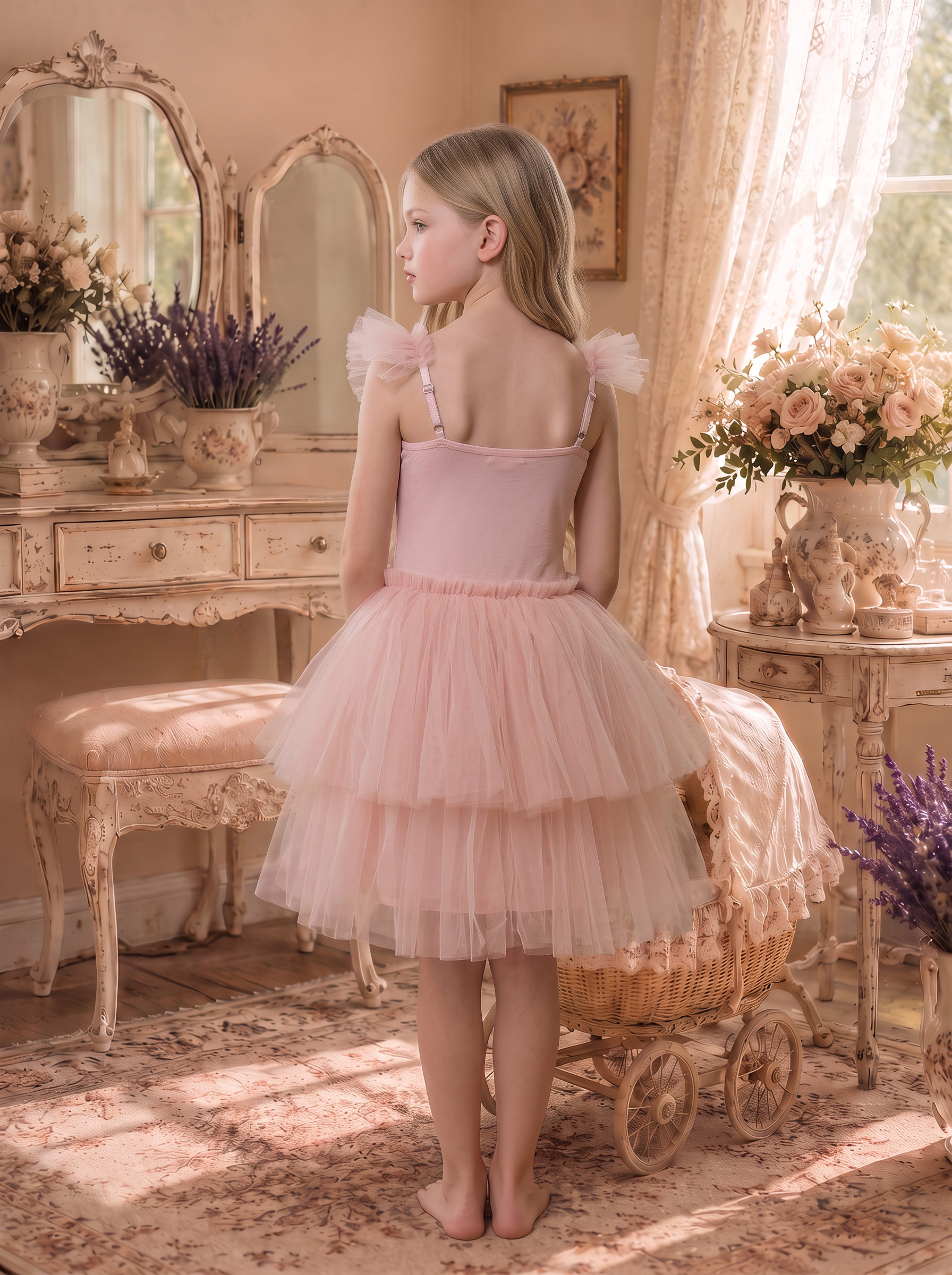 Elodie Dress in pink peony — hand-beaded tulle party dress for girls, back view