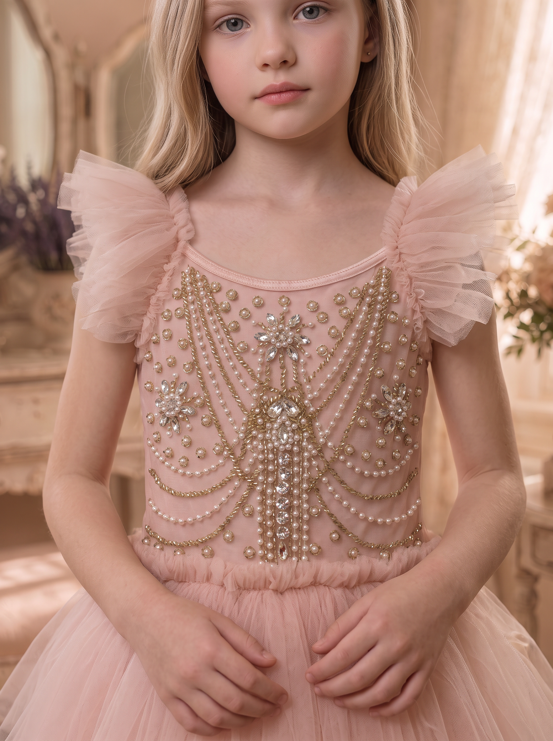 Elodie Dress in pink peony — close-up of the pearl and crystal beaded illusion bodice