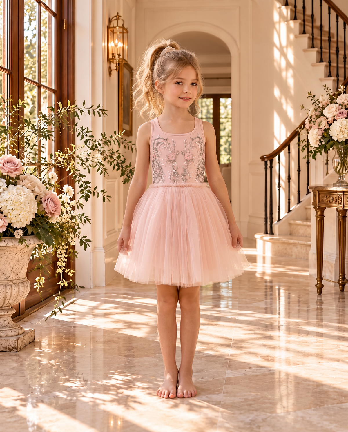 Odette Dress wholesale in new pink — beaded bodice pleated tulle dress, front view