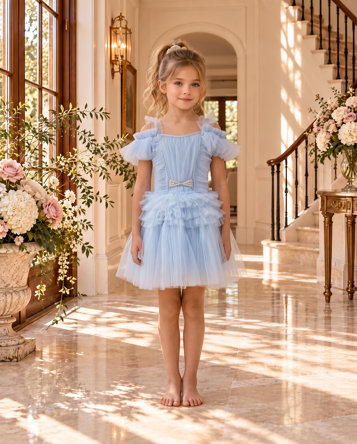 Colette Dress wholesale in bluebell — pleated tulle dress with pearl bow, front view