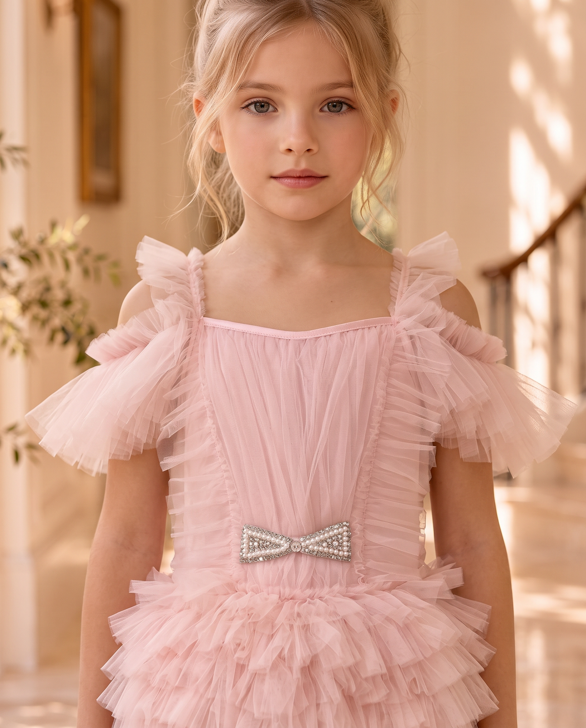 Colette Dress wholesale in new pink — close-up of the crystal and pearl bow