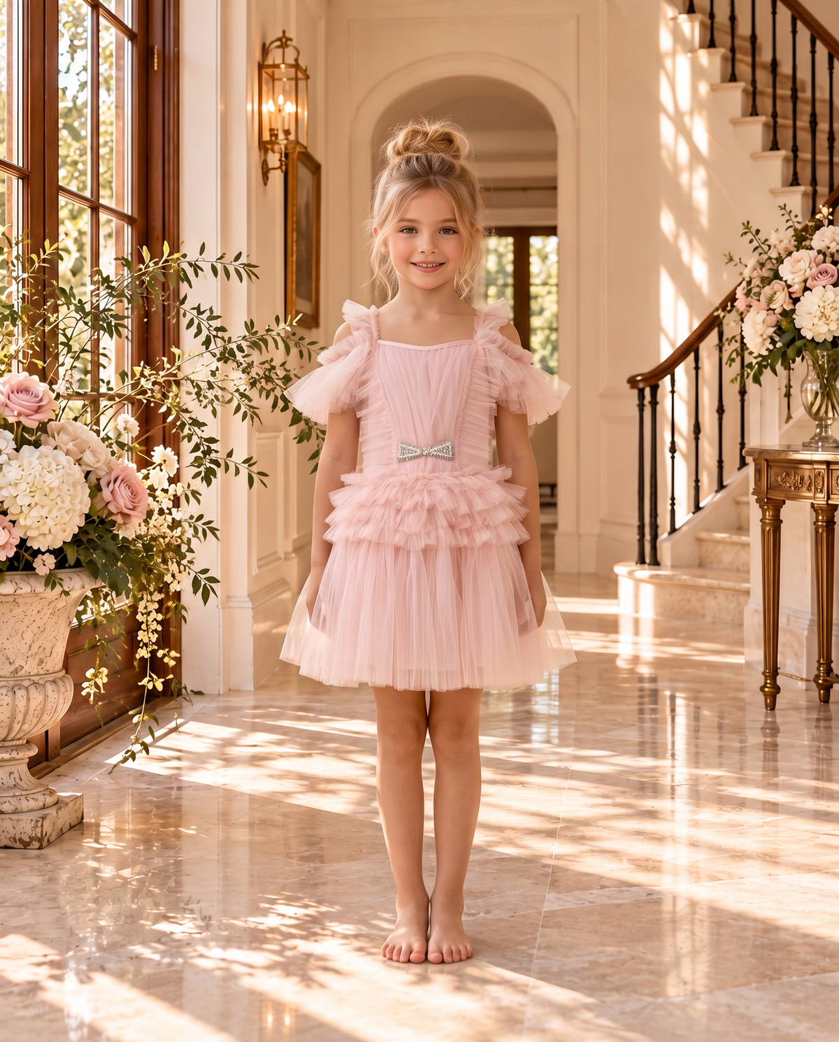 Colette Dress wholesale in new pink — pleated tulle dress with pearl bow, front view