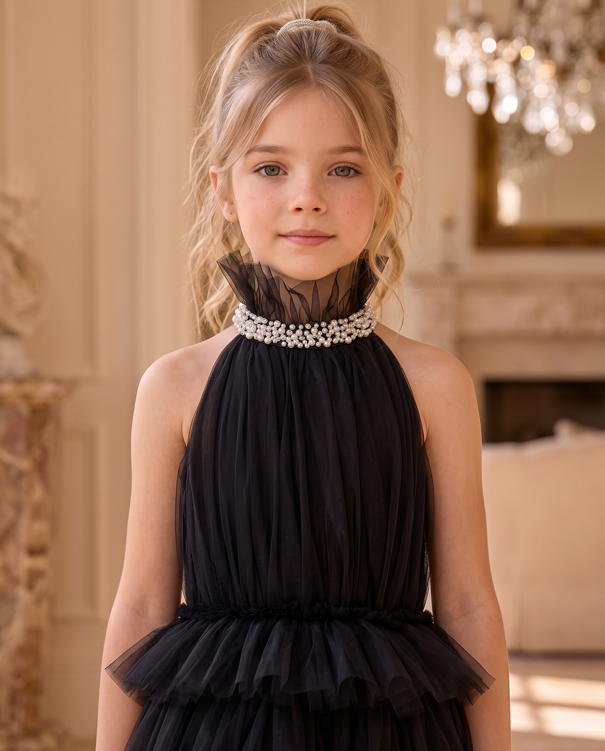 Vivienne Dress wholesale — close-up of the hand-set pearl collar