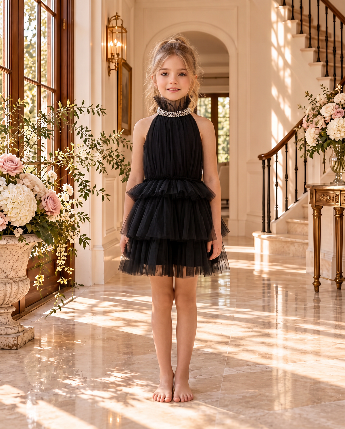 Vivienne Dress wholesale in black — tiered tulle dress with pearl collar, front view