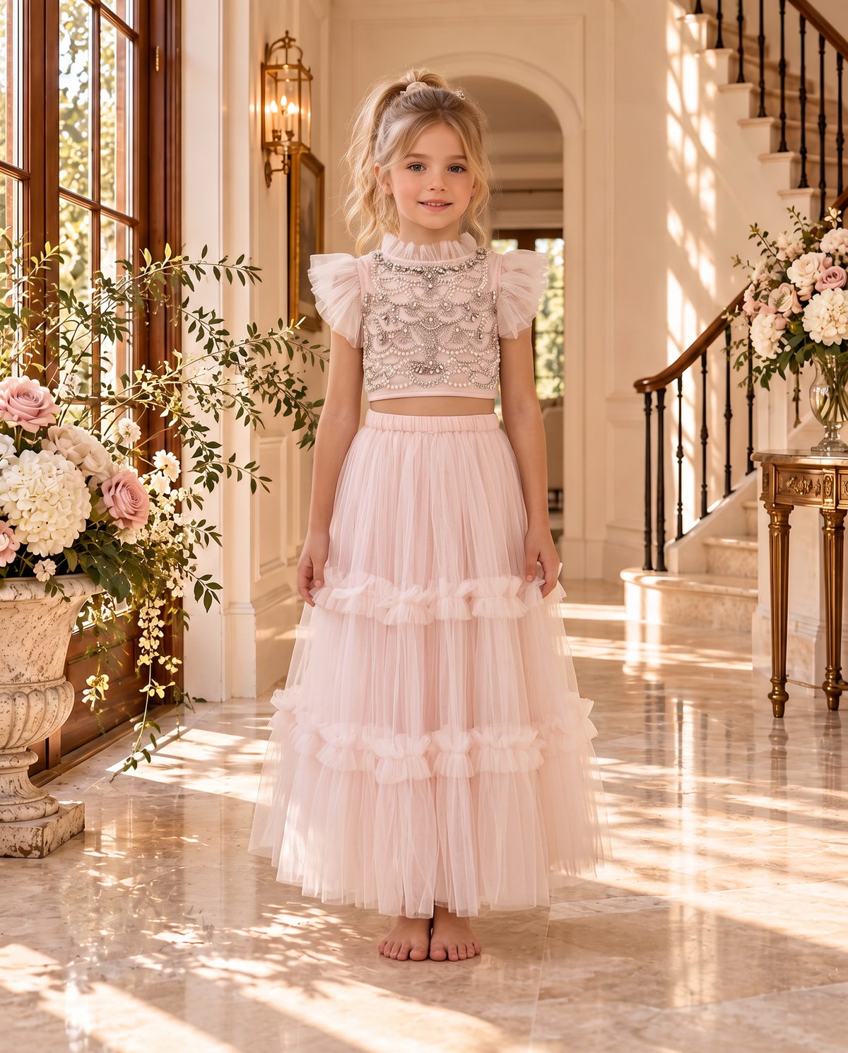 Genevieve Skirt Set wholesale in powder pink — beaded crop top and tiered tulle maxi skirt, front view