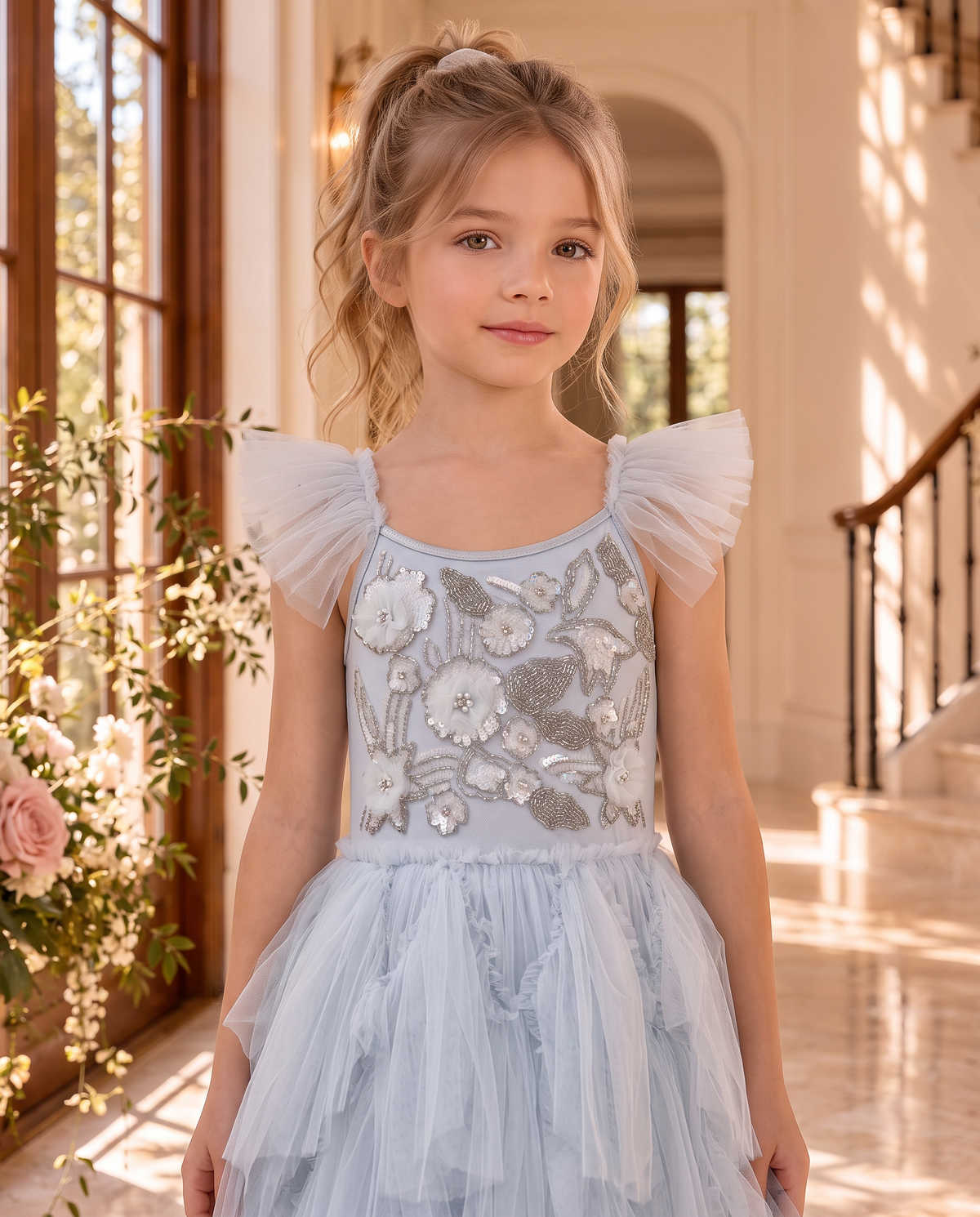 Celeste Dress wholesale — close-up of the silver and pearl floral beading
