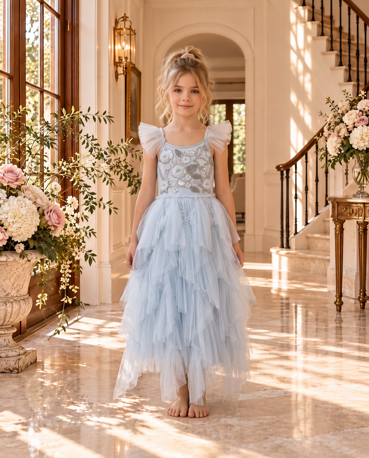 Celeste Dress wholesale in baby blue — beaded floral bodice petal-tiered tulle gown, front view